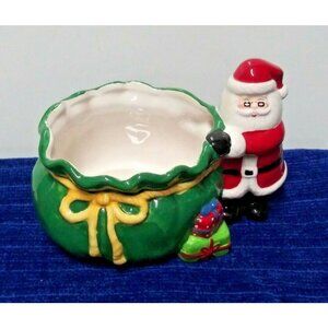 Santa with Gift Bag Candy Dish 9" wide NWOB Ceramic Red Green Vibrant Christmas